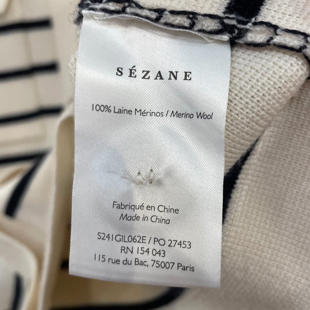 Last Call! EUC Sezane Betty Merino Wool Striped Collared Cardigan Ecru Navy S - Picture 8 of 9
